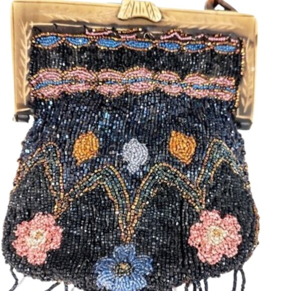 Antique Edwardian 1900s Beaded Handbag With A Carved Celluloid Frame And Handle - Picture 5 of 7